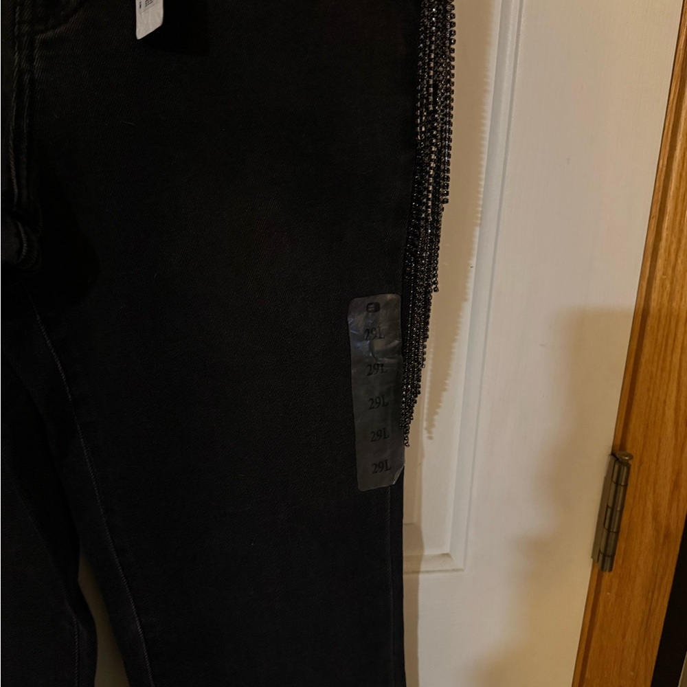 Sterling and stitch Black Flared Pants with bling fringe Long!!! 34in! - Picture 9 of 10